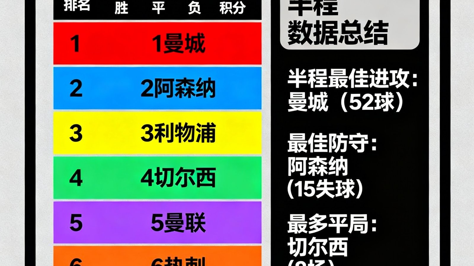 赛季中期积分榜分析文章配图，展示英超联赛积分表截图，前六名球队以不同颜色高亮，旁边附有半程数据总结